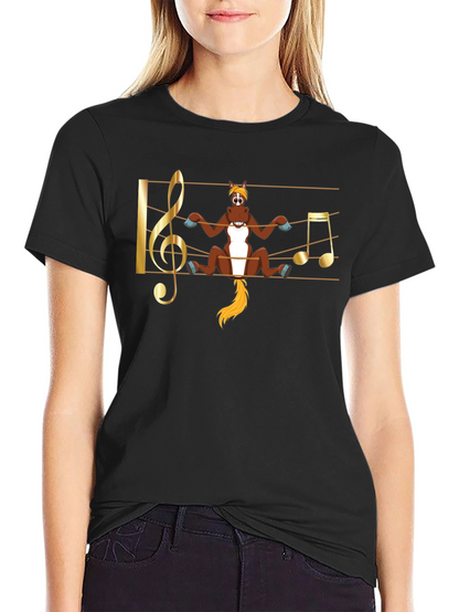 Camiseta Negra con Diseño Musical de Caballo Divertido