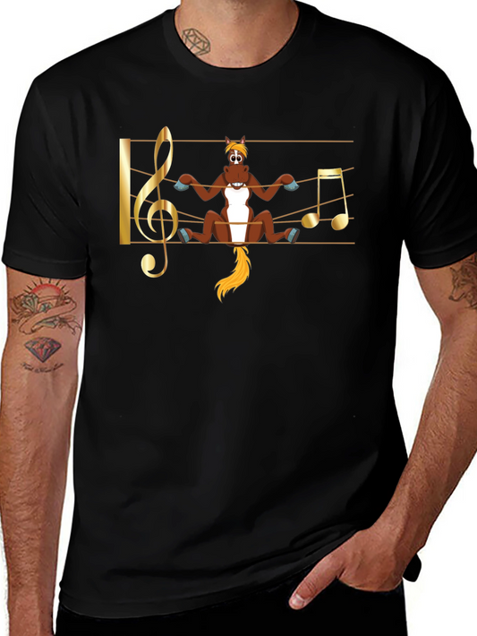Camiseta Negra con Diseño Musical de Caballo Divertido