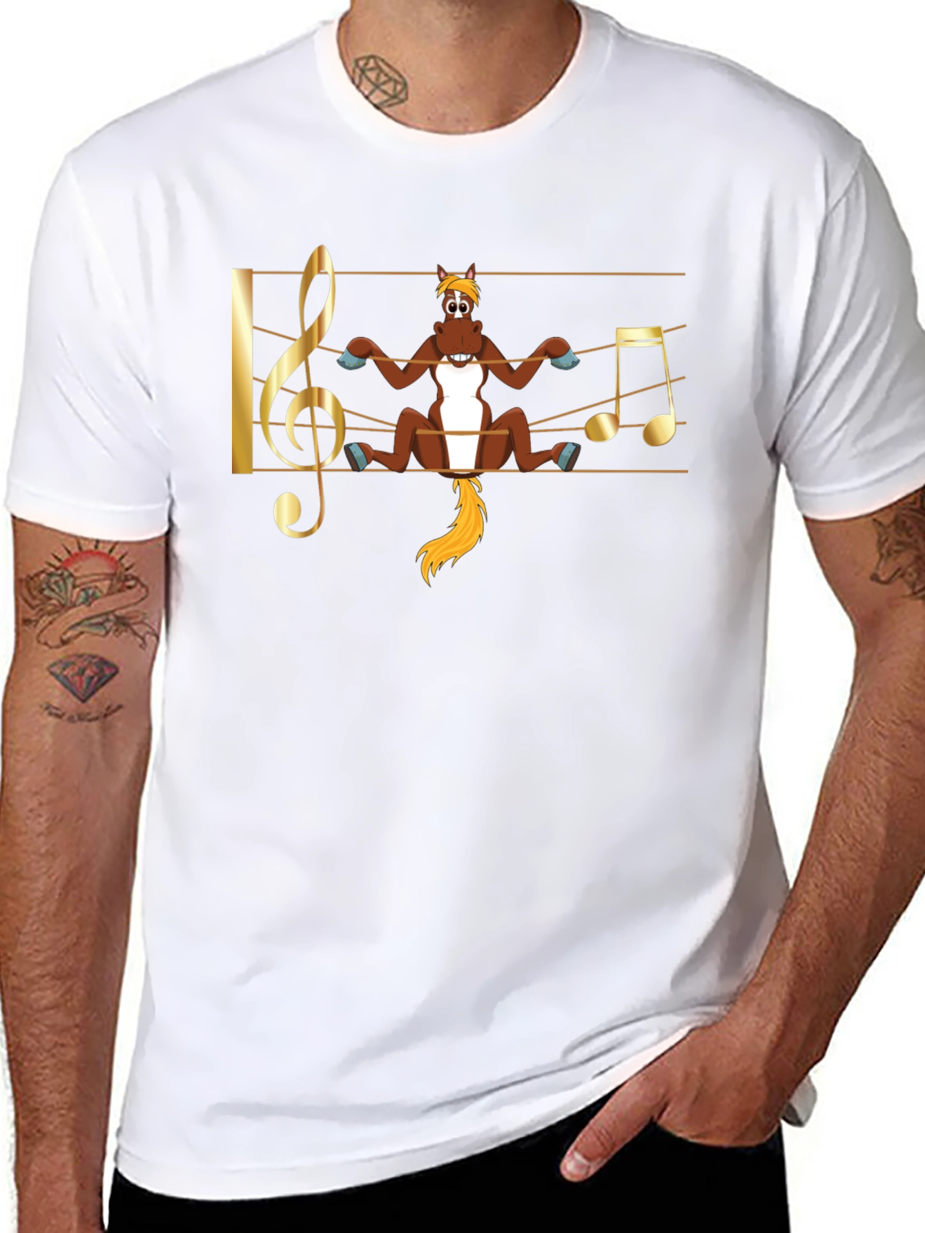Camiseta Negra con Diseño Musical de Caballo Divertido