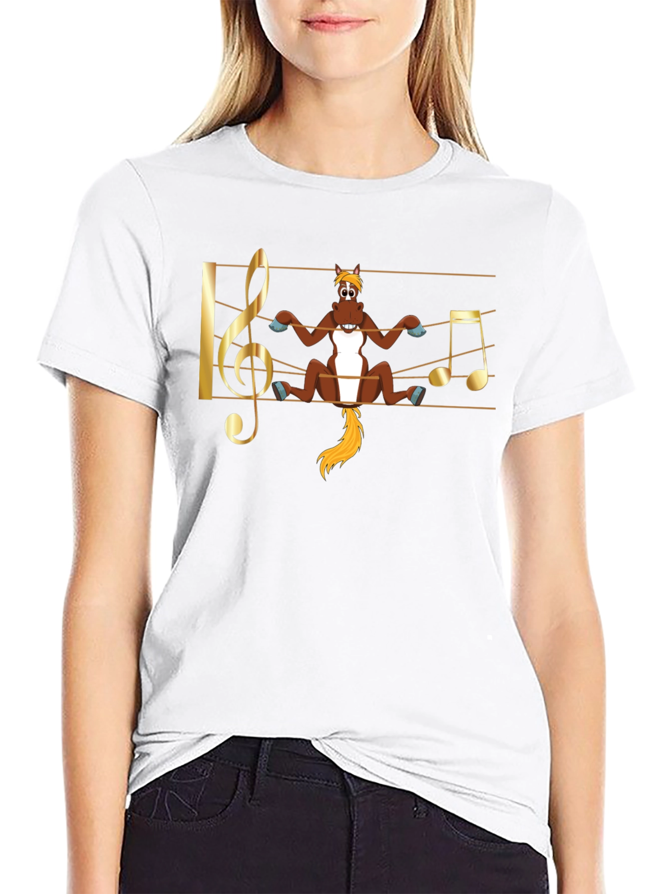 Camiseta Negra con Diseño Musical de Caballo Divertido