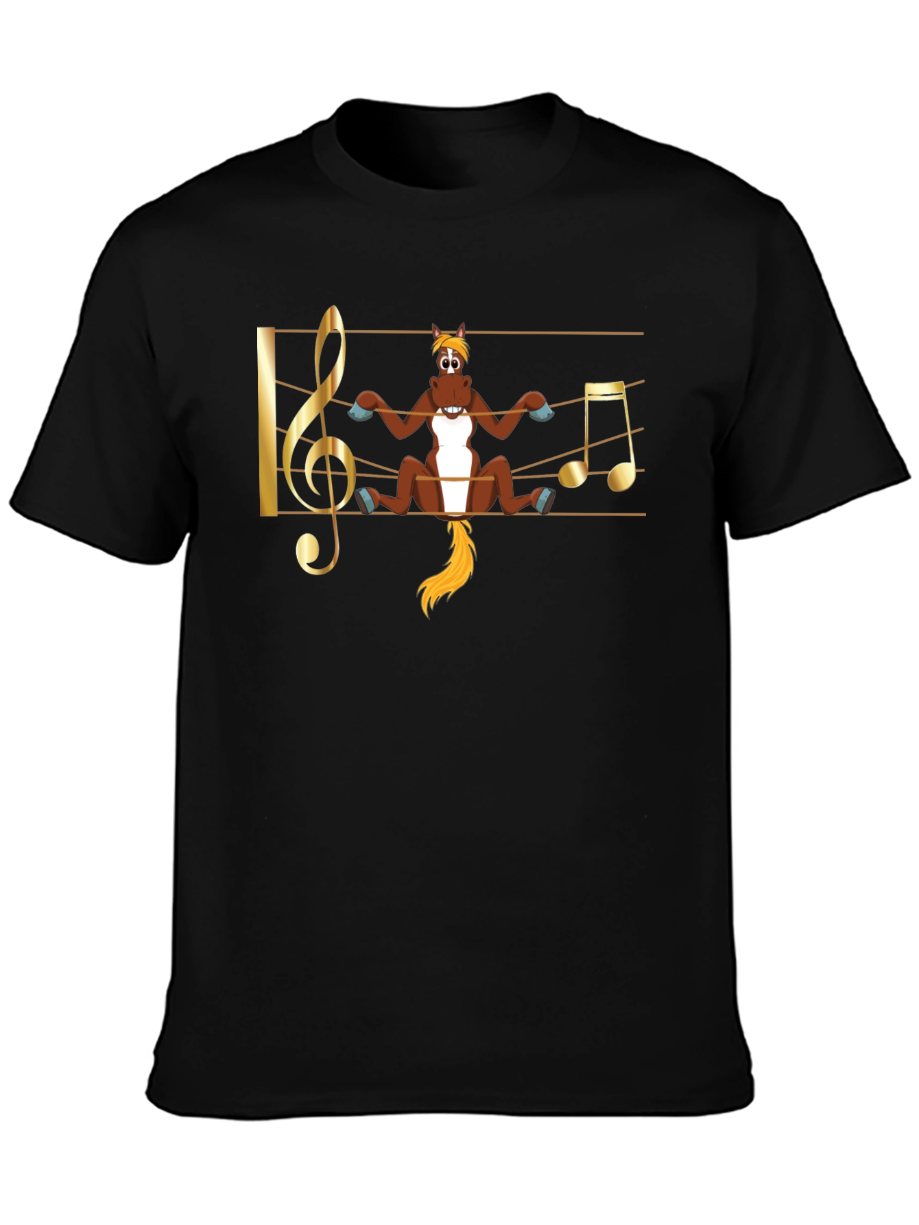 Camiseta Negra con Diseño Musical de Caballo Divertido