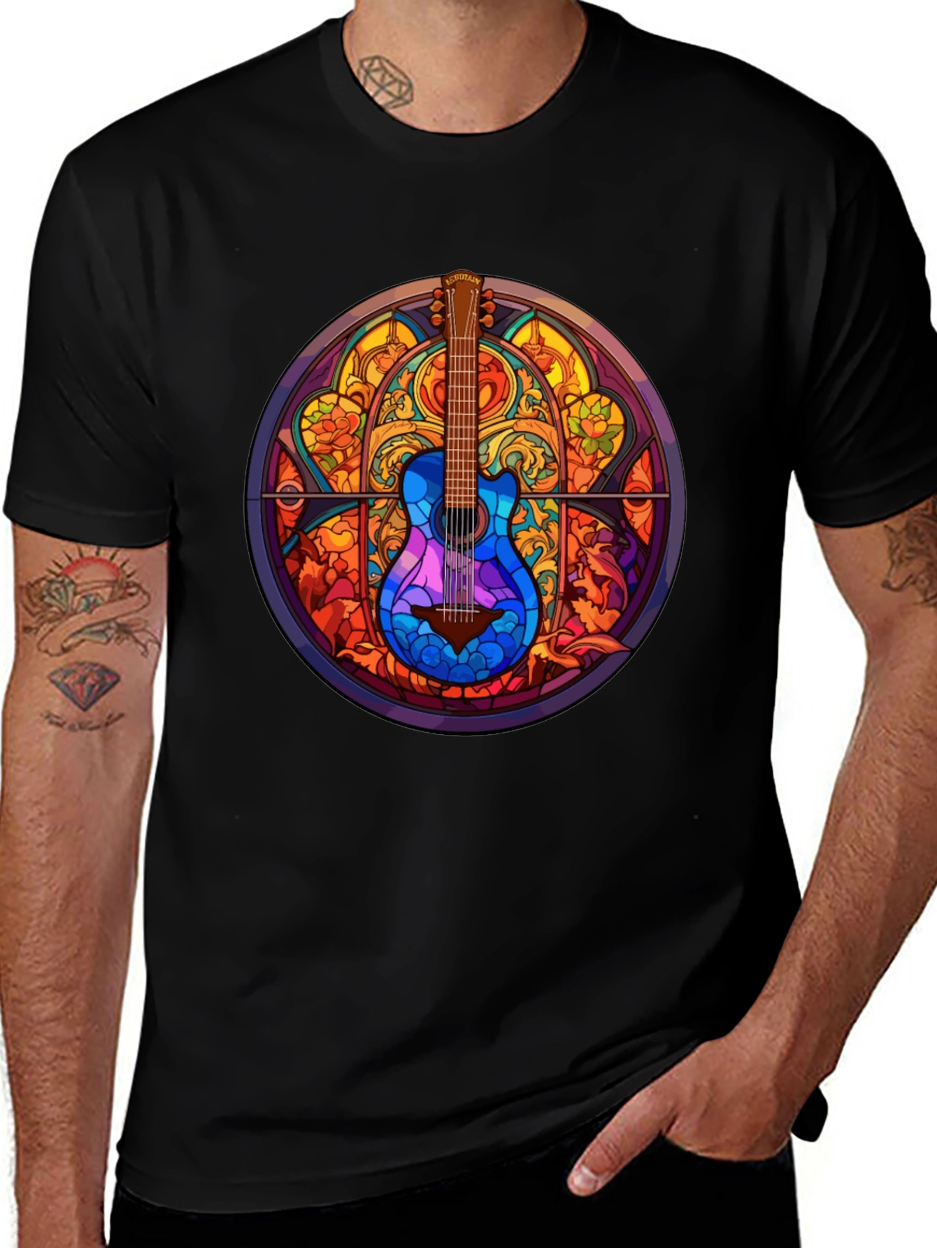 Camiseta Negra con Diseño de Guitarra Vitral