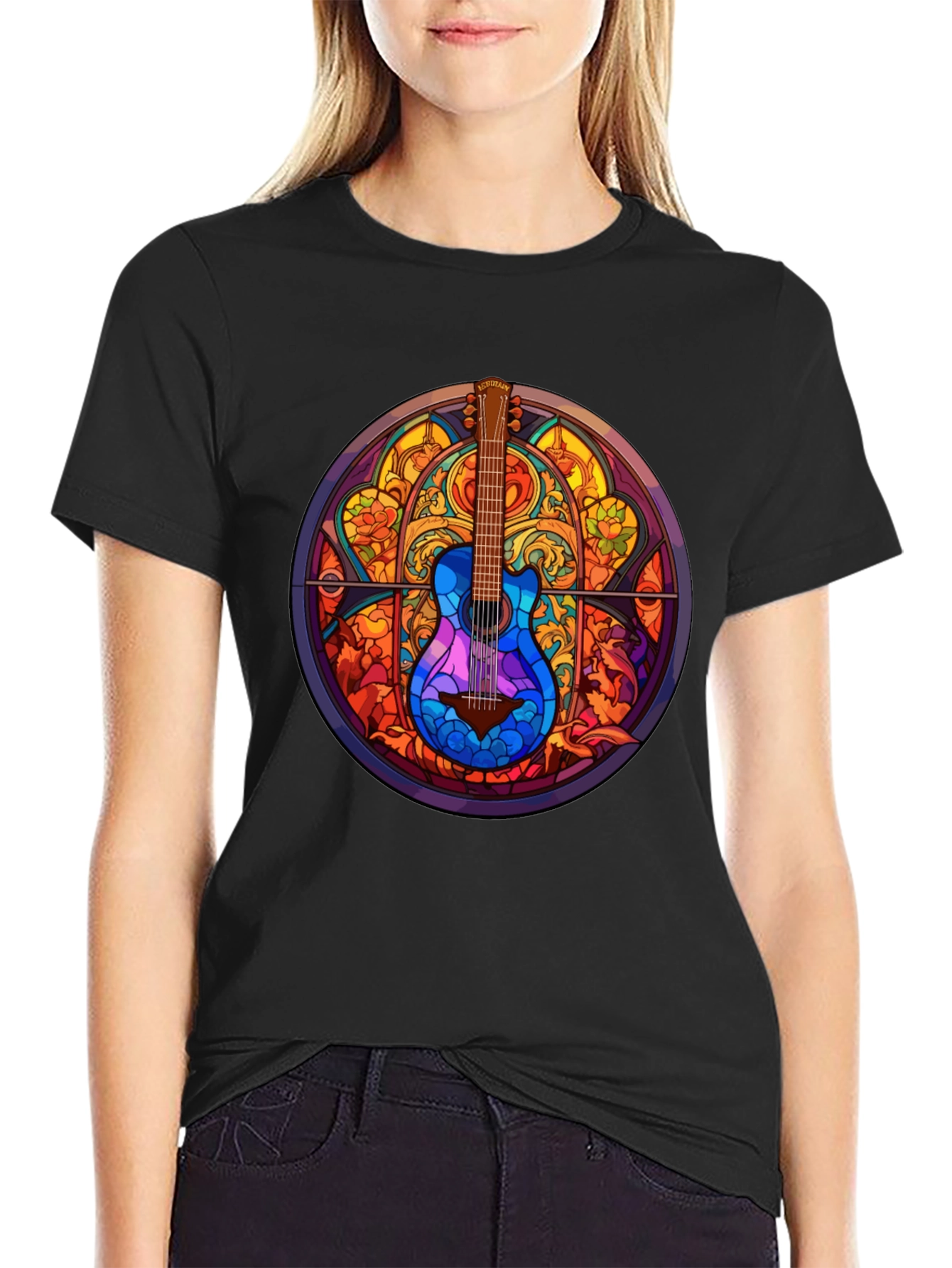 Camiseta Negra con Diseño de Guitarra Vitral