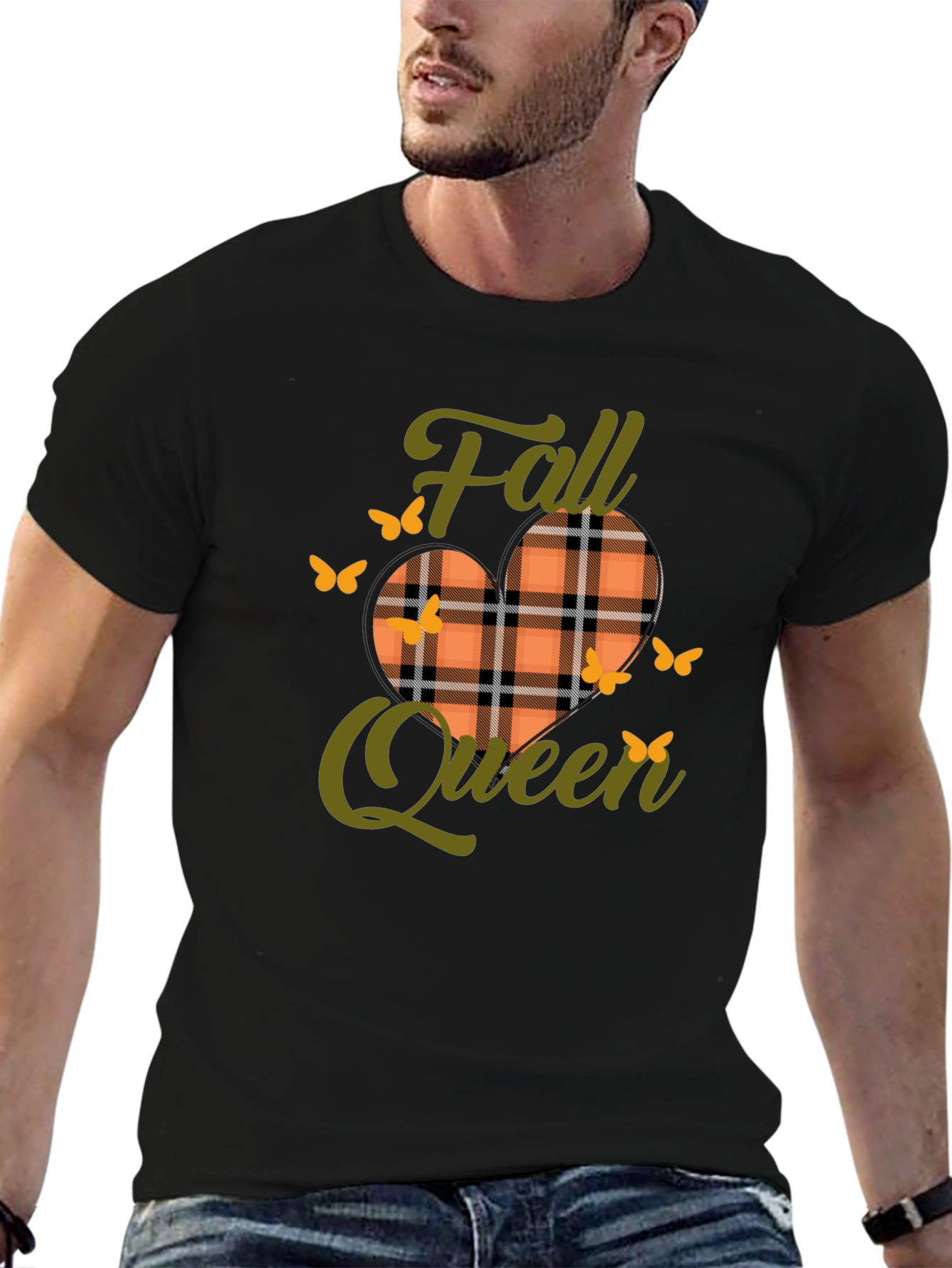 Camiseta Negra Reina de Otoño con Diseño a Cuadros