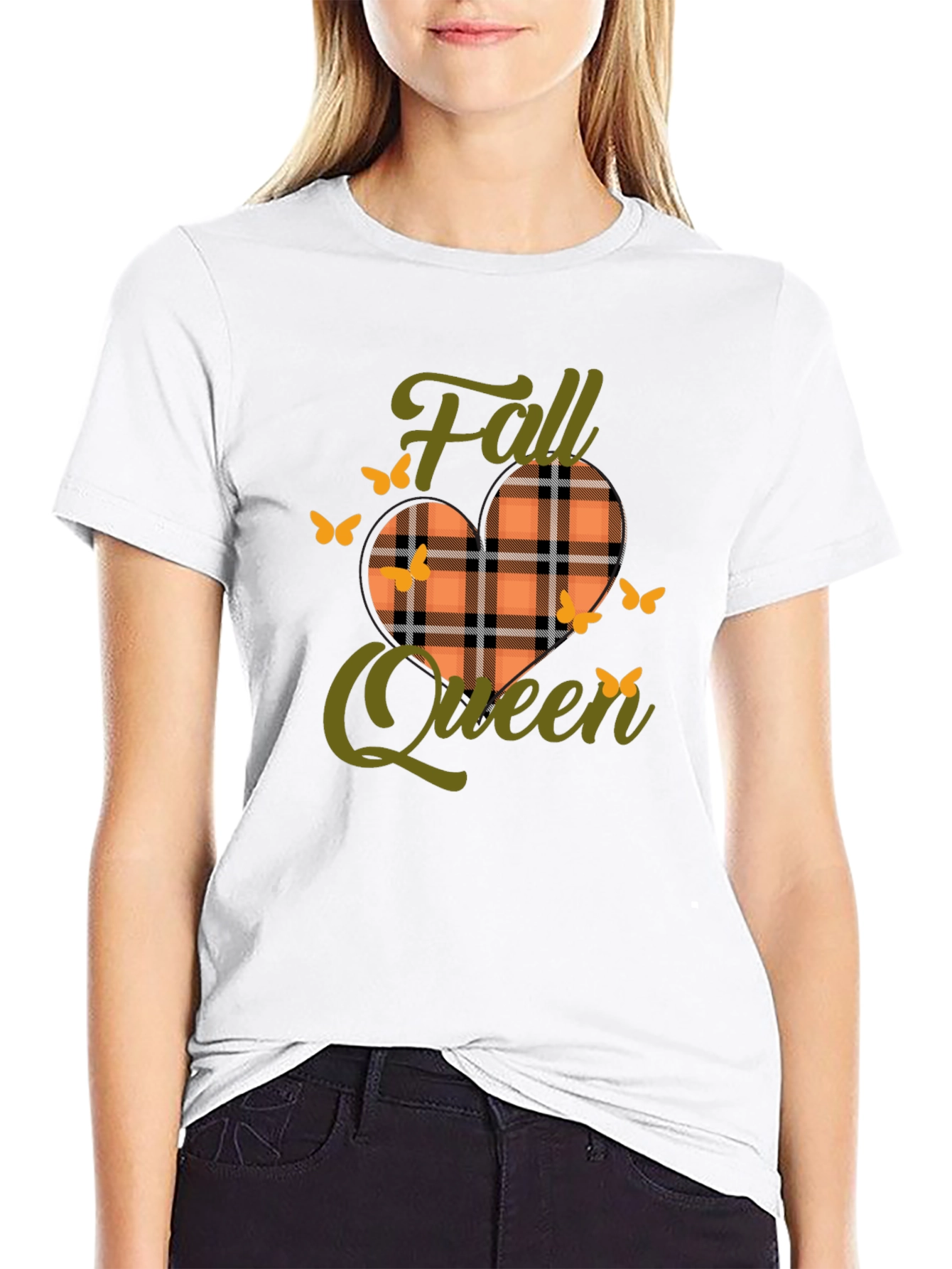 Camiseta Negra Reina de Otoño con Diseño a Cuadros