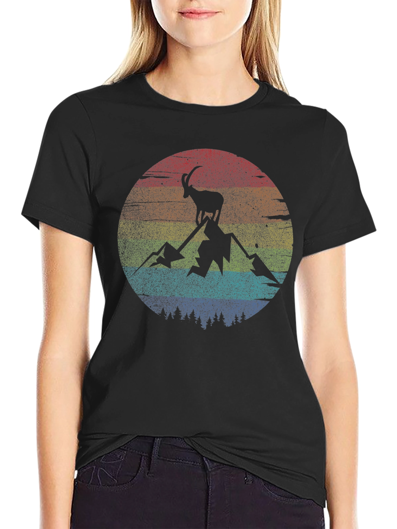 Camiseta Negra con Diseño de Cabra Montañera Retro