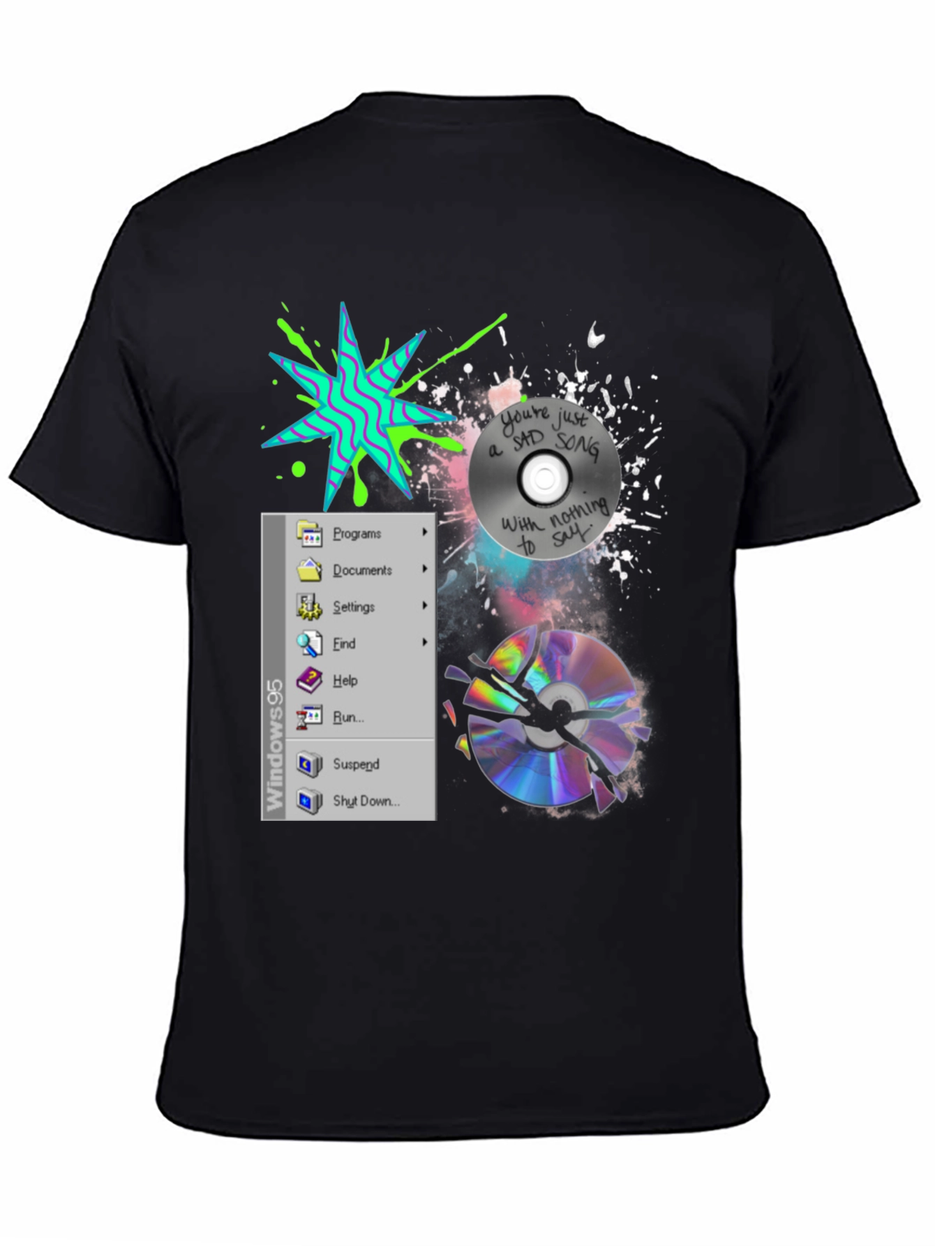 Camiseta Negra con Diseño Windows 95 y CD Roto