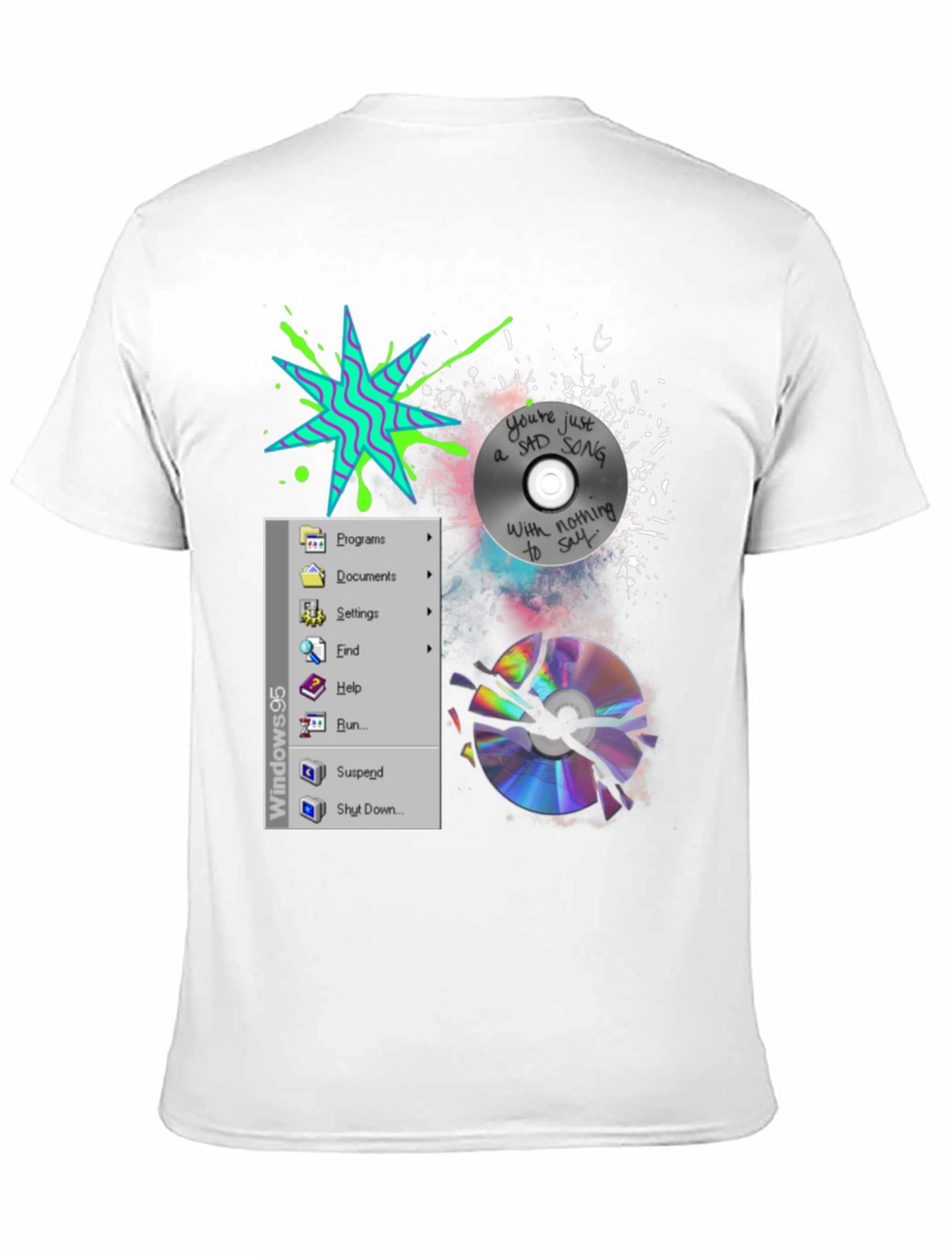 Camiseta Negra con Diseño Windows 95 y CD Roto