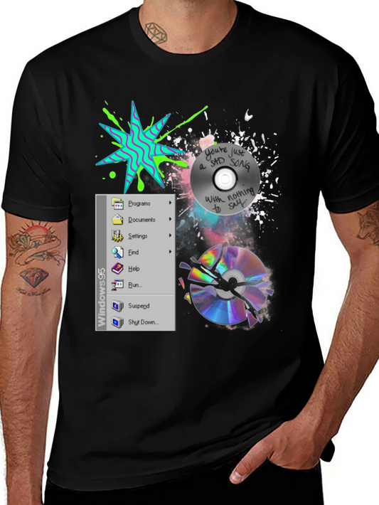 Camiseta Negra con Diseño Windows 95 y CD Roto