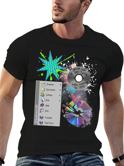 Camiseta Negra con Diseño Windows 95 y CD Roto