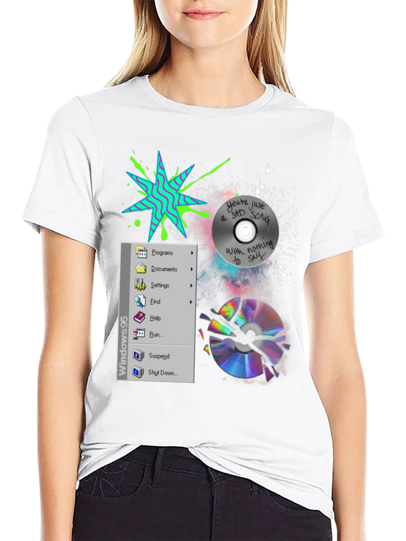 Camiseta Negra con Diseño Windows 95 y CD Roto