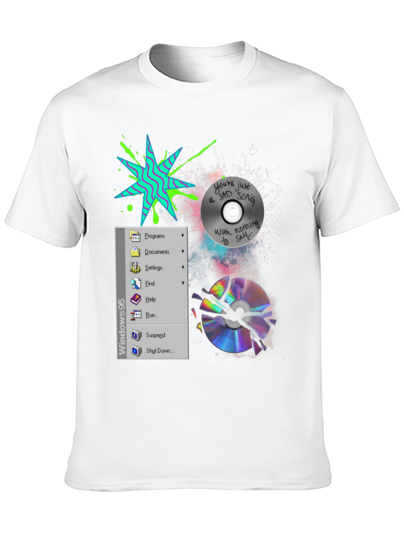 Camiseta Negra con Diseño Windows 95 y CD Roto