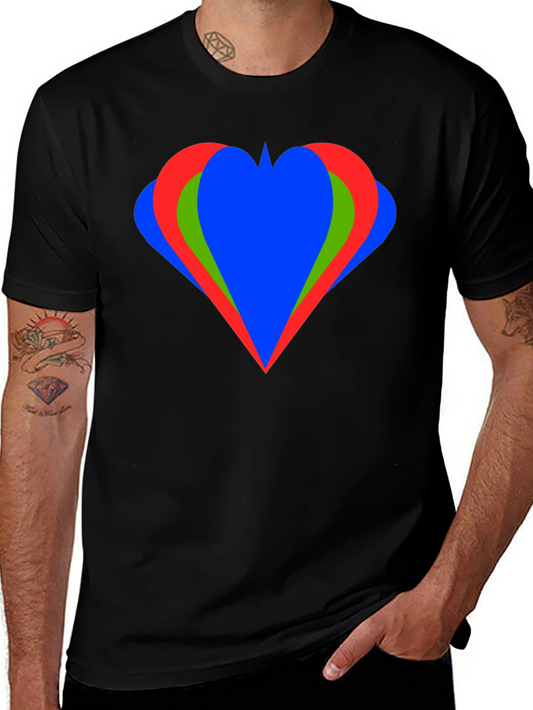 Camiseta Negra con Diseño de Corazón Tricolor Abstracto